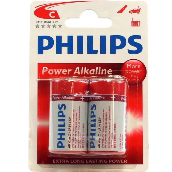 Philips Power Alkaline C LR14 Battery Pack Of 2، باتری سایز متوسط فیلیپس مدل Power Alkaline C LR14 بسته 2 عددی