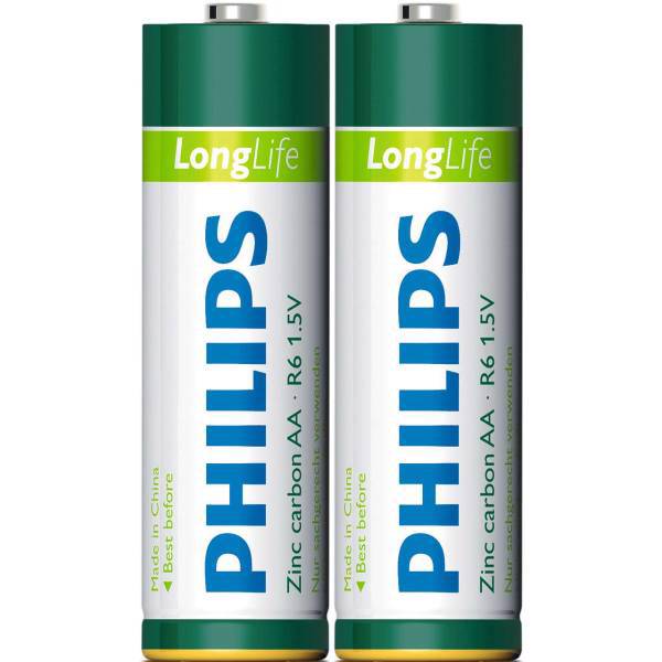 Philips Long Life Zinc Carbon R6 AA Battery Pack Of 2، باتری قلمی فیلیپس مدل Long Life Zinc Carbon R6 بسته 2 عددی