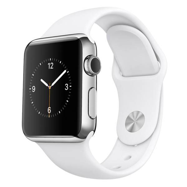 AppleWatch 38mm Stainless Steel Case with White Sport Band، ساعت مچی هوشمند اپل واچ مدل 38mm Stainless Steel Case with White Sport Band