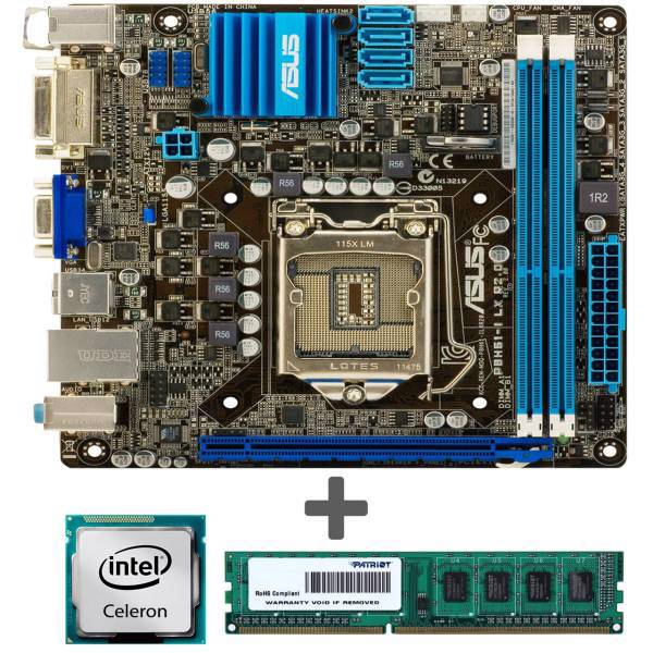 Asus P8H61-I LX Motherboard with Intel G1610 CPU with Patriot 2GB DDR3 1600MHZ RAM، مادربرد ایسوس مدل P8H61-I LX به همراه پردازنده اینتل مدل G1610 و رم DDR3 1600MHZ پاتریوت ظرفیت 2 گیگابایت