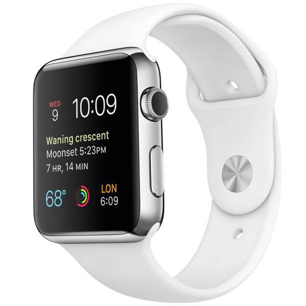 Apple Watch 42mm Stainless Steel Case with White Sport Band، ساعت هوشمند اپل واچ مدل 42mm Stainless Steel Case with White Sport Band