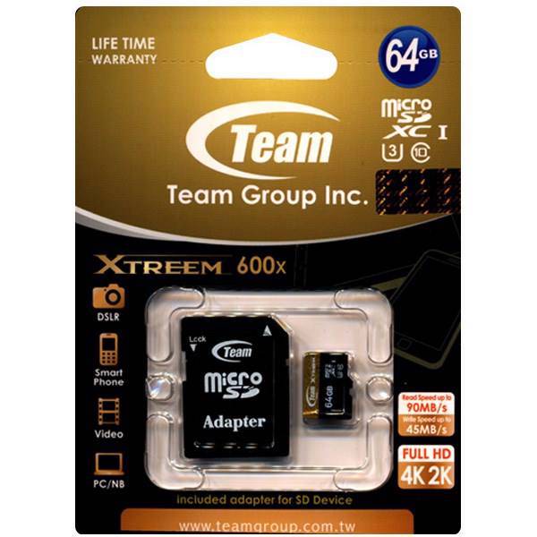 Team Group Xtreem UHS-I U3 Class 10 90MBps 600X microSDXC With Adapter - 64GB، کارت حافظه microSDXC تیم گروپ مدل Xtreem کلاس 10 استاندارد UHS-I U3 سرعت 90MBps 600X ظرفیت 64 گیگابایت