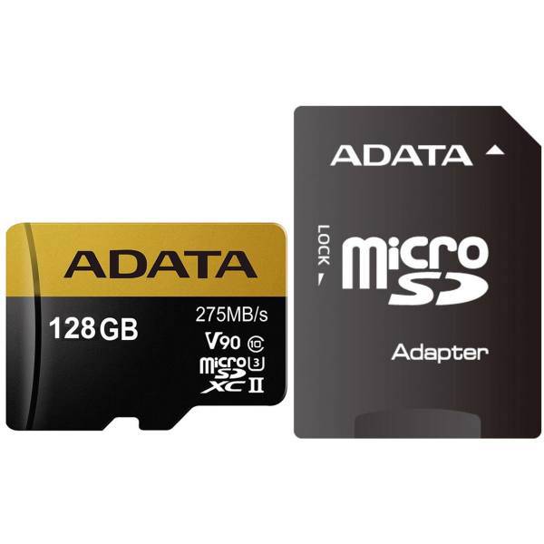Adata Premier One V90 UHS-II U3 Class 10 275MBps microSDXC With Adapter 128GB، کارت حافظه microSDXC ای دیتا مدل Premier ONE V90 کلاس 10 استاندارد UHS-II U3 سرعت 275MBps همراه با آداپتور SD ظرفیت 128 گیگابایت