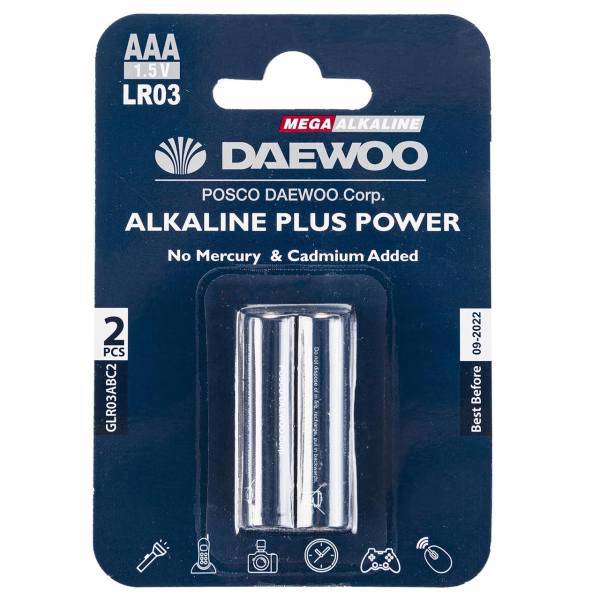 Daewoo Alkaline plus Power AAA Battery Pack of 2، باتری نیم قلمی دوو مدل Alkaline plus Power بسته 2 عددی