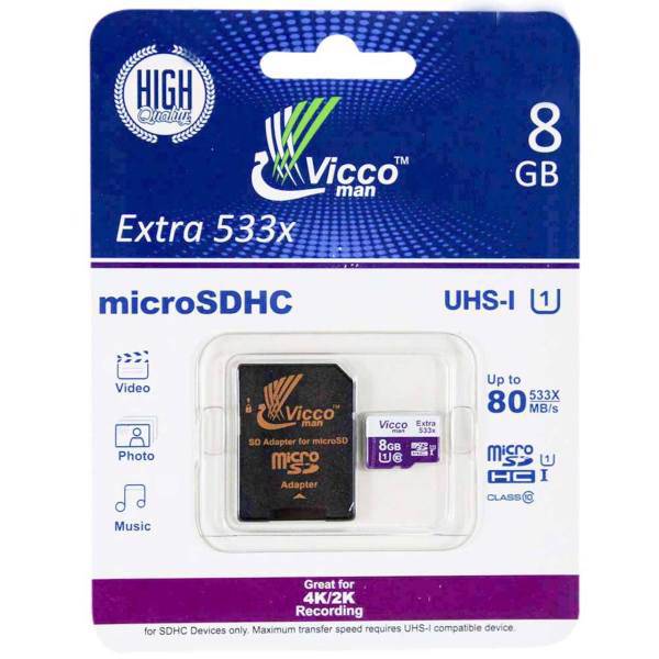 Vicco Man Extre 533X UHS-I U1 Class 10 80MBps microSDHC Card With Adapter 8GB، کارت حافظه microSDHC ویکو من مدل Extre 533X کلاس 10 استاندارد UHS-I U1 سرعت 80MBps ظرفیت 8 گیگابایت همراه با آداپتور SD