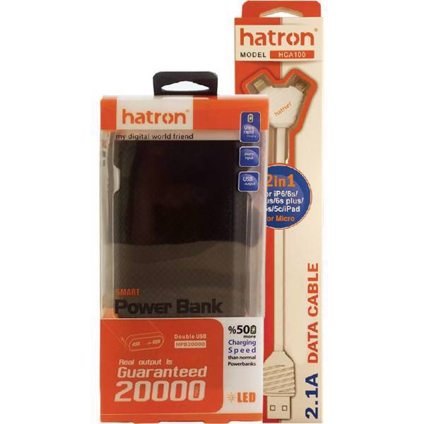 Hatron HPB20000 20000mAh Power Bank With Cable، شارژر همراه هترون مدل HPB20000B با ظرفیت 20000 میلی‌آمپر‌ساعت به همراه کابل