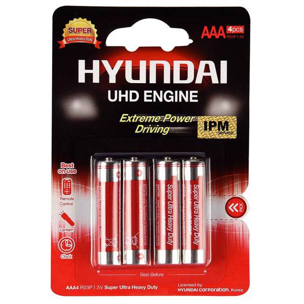Hyundai Super Ultra Heavy Duty AAA Battery Pack Of 4، باتری نیم قلمی هیوندای مدل Super Ultra Heavy Duty بسته 4 عددی