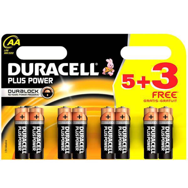 Duracell Plus Power Duralock AA Battery Pack Of 5 Plus 3، باتری قلمی دوراسل مدل Plus Power Duralock بسته 5 + 3 عددی