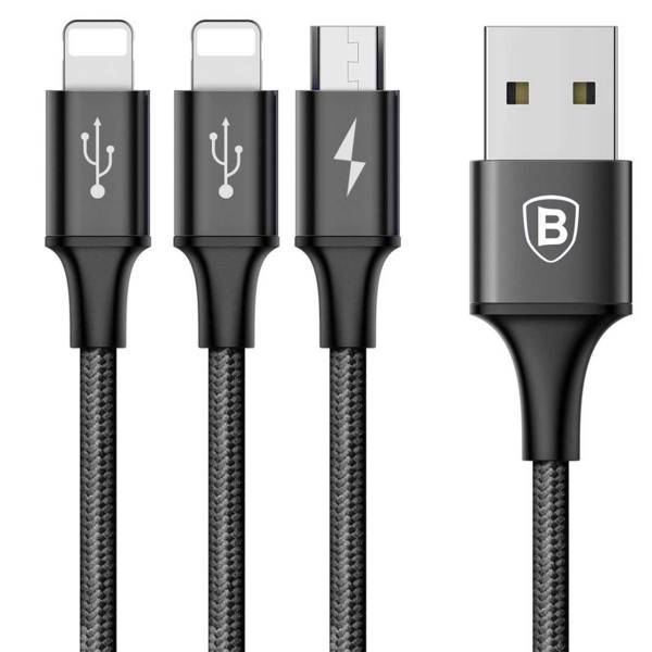 Baseus Rapid USB To microUSB And 2 Lightning Cable 1.2m، کابل تبدیل USB به microUSB و 2 کانکتور لایتنینگ باسئوس مدل Rapid طول 1.2 متر