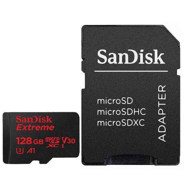 Sandisk Extreme V30 UHS-I U3 Class A1 100MBps 667X microSDXC With Adapter 128GB، کارت حافظه microSDXC سن دیسک مدل Extreme V30 کلاس A1 استاندارد UHS-I U3 سرعت 100MBps 667X همراه با آداپتور SD ظرفیت 128 گیگابایت