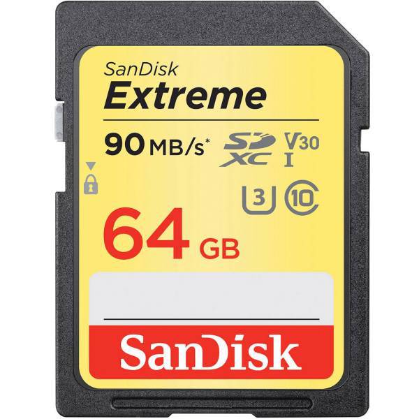 SanDisk Extreme V30 UHS-I U3 Class 10 600X 90MBps SDXC - 64GB، کارت حافظه SDXC سن دیسک مدل Extreme V30 کلاس 10 استاندارد UHS-I U3 سرعت 600X 90MBps ظرفیت 64 گیگابایت
