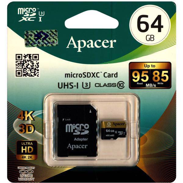 Apacer UHS-I U3 Class 10 95MBps microSDXC With Adapter - 64GB، کارت حافظه microSDXC اپیسر کلاس 10 استاندارد UHS-I U3 سرعت 95MBps همراه با آداپتور SD ظرفیت 64 گیگابایت
