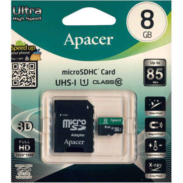 Apacer Color Ultra High Speed UHS-I U1 Class 10 85MBps microSDHC With Adapter - 8GB، کارت حافظه اپیسر مدل Color Ultra High Speed کلاس 10 استاندارد سرعت UHS-I U1 سرعت 85MBps همراه با آداپتور SD ظرفیت 8 گیگابایت
