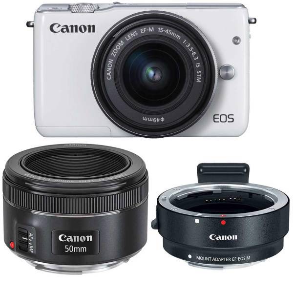 Canon EOS M10 Kit Mirrorless With 15-45mm EF-M And EF 50mm f/1.8 STM Digital Camera And Canon Mount Adapter EF-EOS M Lens Adapter، دوربین دیجیتال بدون آینه کانن مدل EOS M10 به همراه لنز 45-15 EF-M و EF 50mm f/1.8 STM میلی متر و آداپتور لنز کانن Mount Adapter EF-EOS M