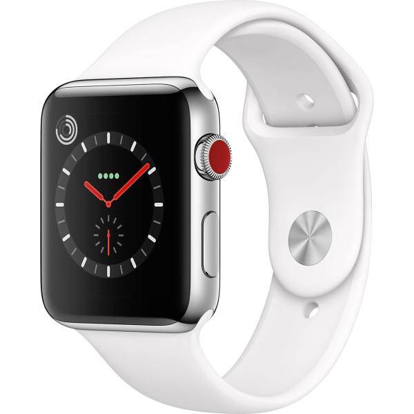 Apple Watch Series 3 Cellular 42mm Stainless Steel Case with Soft White Sport Band، ساعت هوشمند اپل واچ سری 3 سلولار مدل 42mm Stainless Steel Case with Soft White Sport Band