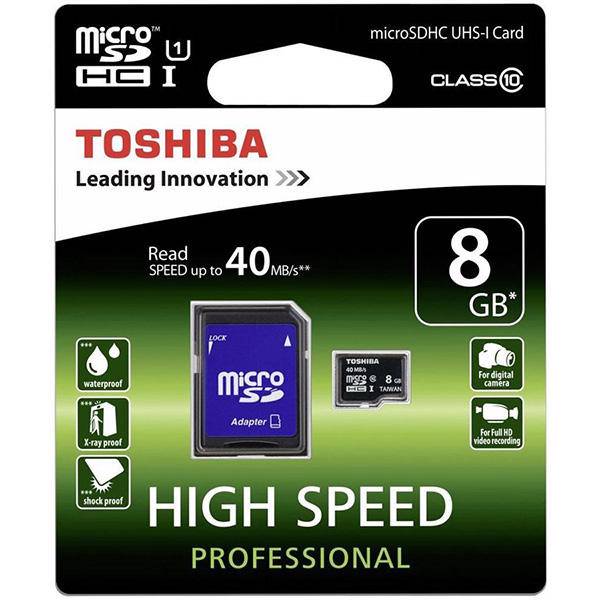Toshiba High Speed Professional UHS-I U1 Class 10 40MBps microSDHC With Adapter - 8GB، کارت حافظه microSDHC توشیبا مدل High Speed Professional کلاس 10 استاندارد UHS-I U1 سرعت 40MBps همراه با آداپتور SD ظرفیت 8 گیگابایت