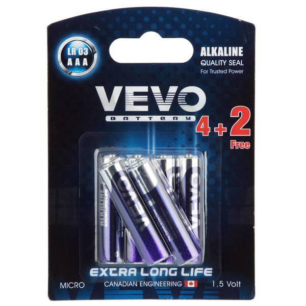 VEVO Alkaline LR03 AAA Battery Pack of 6، باتری نیم قلمی ویوو مدل Alkaline LR03 بسته 6 عددی