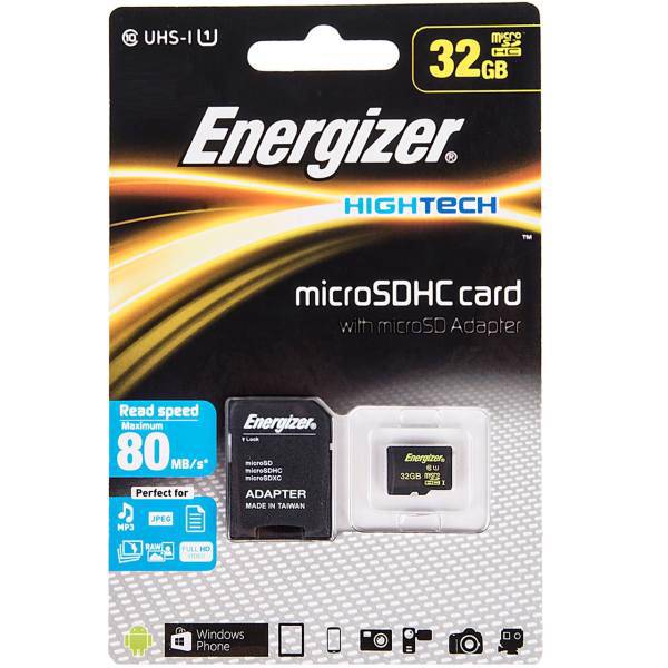 Energizer Hightech UHS-I U1 Class 10 80MBps microSDHC With SD Adapter - 32GB، کارت حافظه microSDHC انرجایزر مدل Hightech کلاس 10 استاندارد UHS-I U1 سرعت 80MBps همراه با آداپتور SD ظرفیت 32 گیگابایت