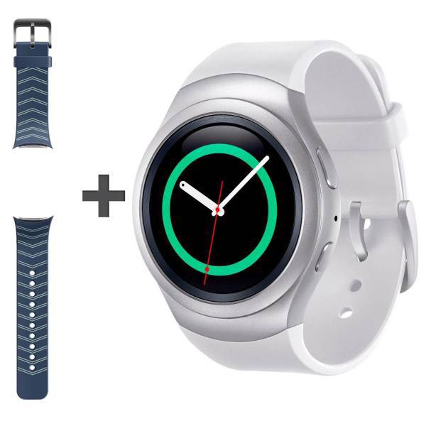Samsung Gear S2 SM-R720 Silver Smart Watch with Navy Rubber Band، ساعت هوشمند سامسونگ مدل Gear S2 SM-R720 به همراه بند لاستیکی آبی اضافه