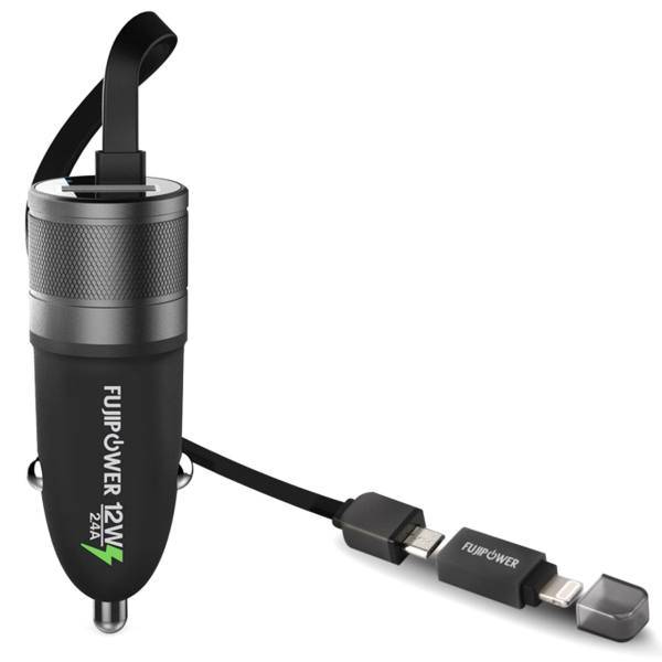 Fujipower Mini Car Charger For microUSB And Lightning Devices، شارژر فندکی فوجی پاور مدل Mini برای دستگاه های microUSB و لایتنینگ