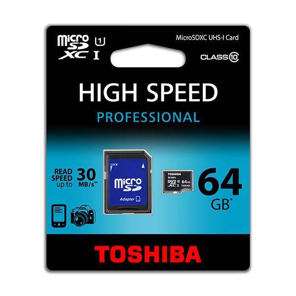 Toshiba High Speed Professional UHS-I U1 Class 10 30MBps microSDXC With Adapter - 64GB، کارت حافظه microSDXC توشیبا مدل High Speed Professional کلاس 10 استاندارد UHS-I U1 سرعت 30MBps همراه با آداپتور SD ظرفیت 64 گیگابایت