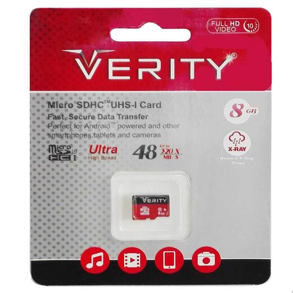 Verity DU102 UHS-I U1 Class 10 48MBps microSDHC Card، کارت حافظه microSDHC وریتی مدل DU102 کلاس 10 استاندارد UHS-I U1 سرعت 48MBps ظرفیت 8 گیگابایت