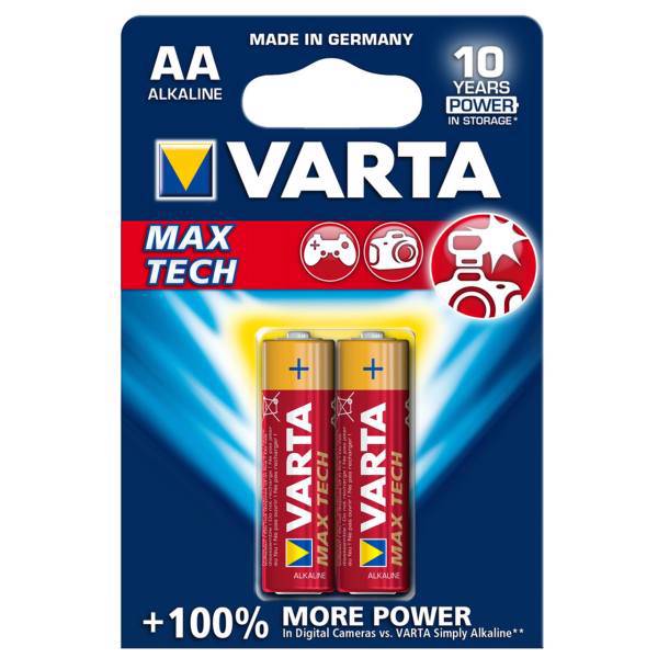 Varta MAX TECH Alkaline LR6-AA Battery Pack of 2، باتری قلمی وارتا مدل MAX TECH ALKALINE LR6-AA بسته 2 عددی